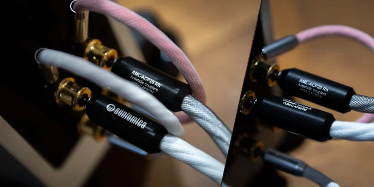 Cable loops and connections beside a loudspeaker.