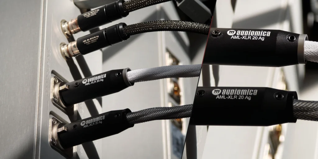 A group of analogue audio cable connections.
