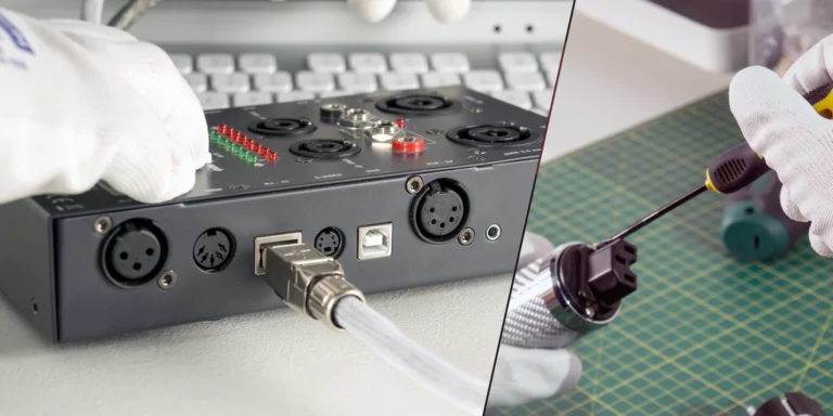 Audio cables being checked at a workbench.